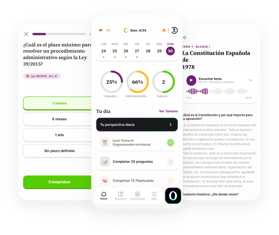 Pantallas de la app Oposi: test, plan del día y temario